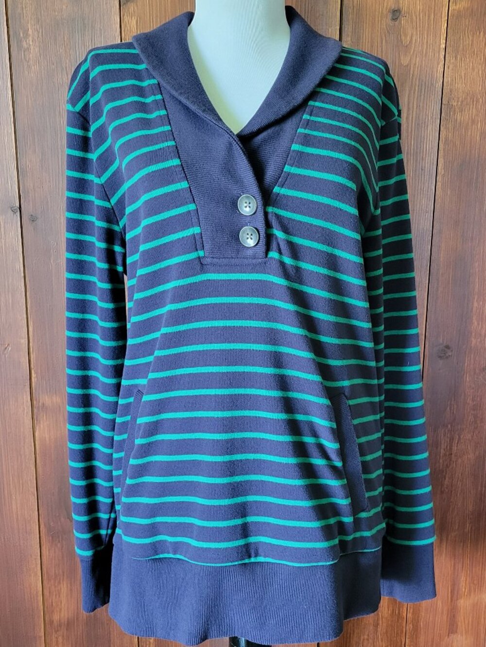 Banana Republic Pullover Sweatshirt Women L Navy Green Striped Posh Shawl Collar